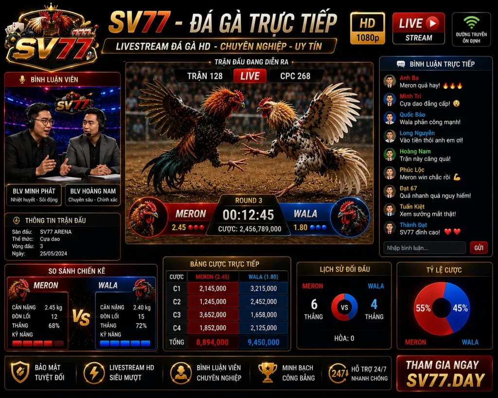 Hệ thống livestream đá gà trực tiếp với bình luận viên và giao diện hiện đại