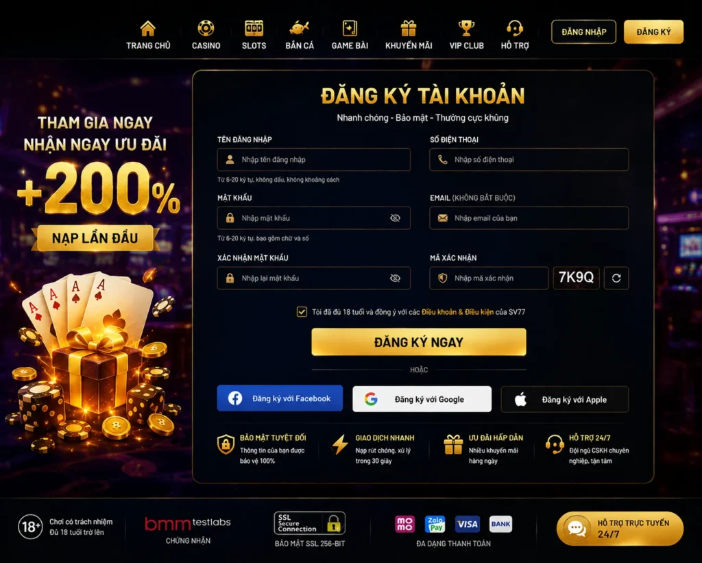 Bắn Cá 15 Đăng ký tài khoản bắn cá SV77 nhanh chóng