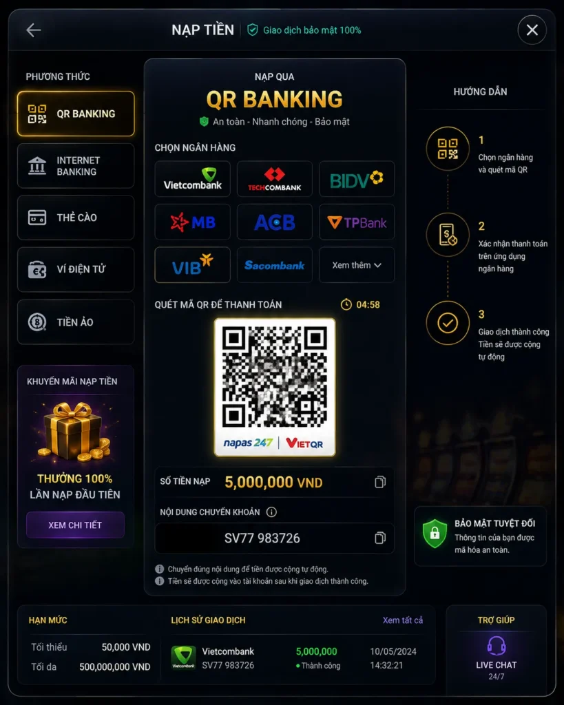 Trò Chơi 16 Hệ thống hỗ trợ nạp rút nhanh chóng và thao tác thuận tiện trên mobile.