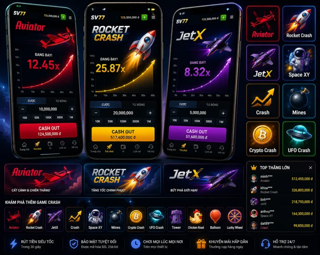 Crash 19 Aviator, Rocket Crash và JetX tại SV77.TOP
