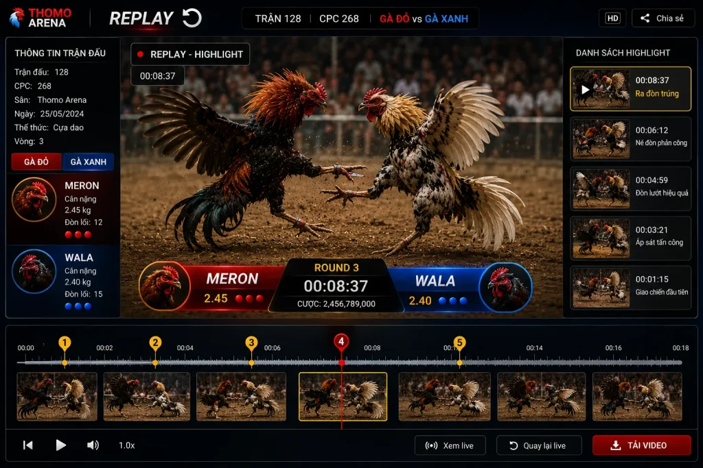 Người xem có thể replay lại các trận đá gà trực tiếp nổi bật trong ngày
