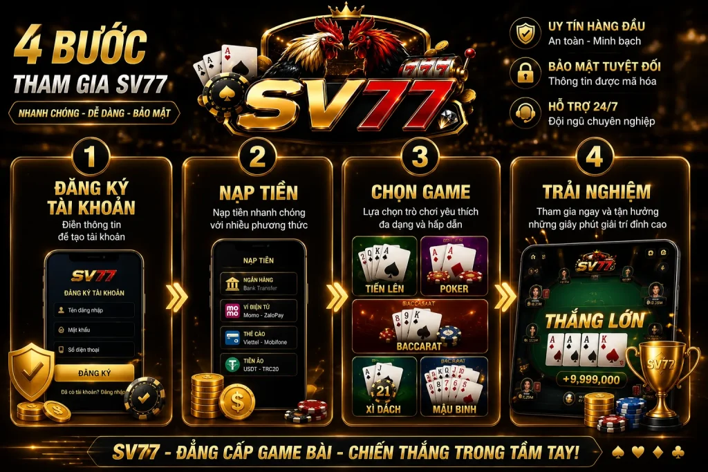 Game Bài Online Đổi Thưởng Uy Tín, An Toàn – Đa Dạng Trò Chơi, Thưởng Hấp Dẫn 6 Các bước tham gia Game Bài Online Đổi Thưởng tại SV77 nhanh chóng và đơn giản.