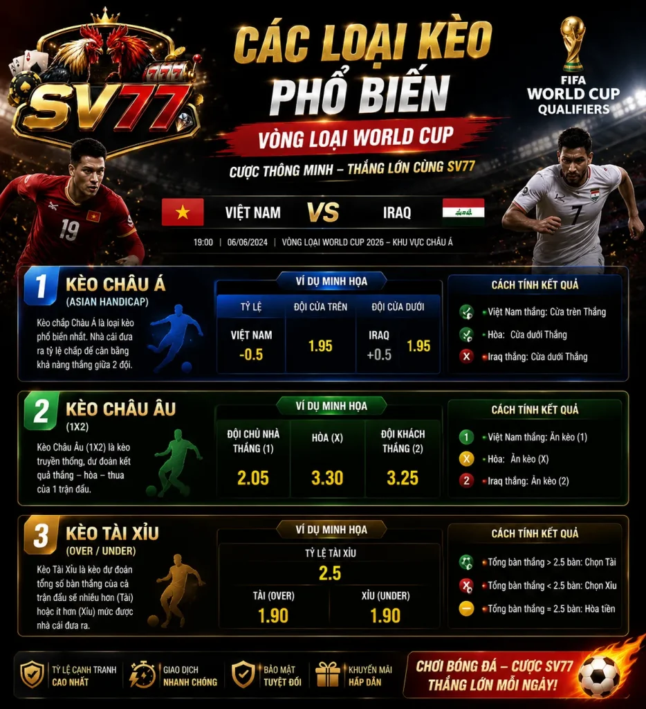 Kèo Nhà Cái Vòng Loại World Cup Hôm Nay – Cập Nhật Tỷ Lệ Kèo Mới Nhất 3 Tìm hiểu các loại kèo nhà cái vòng loại World Cup phổ biến hiện nay.