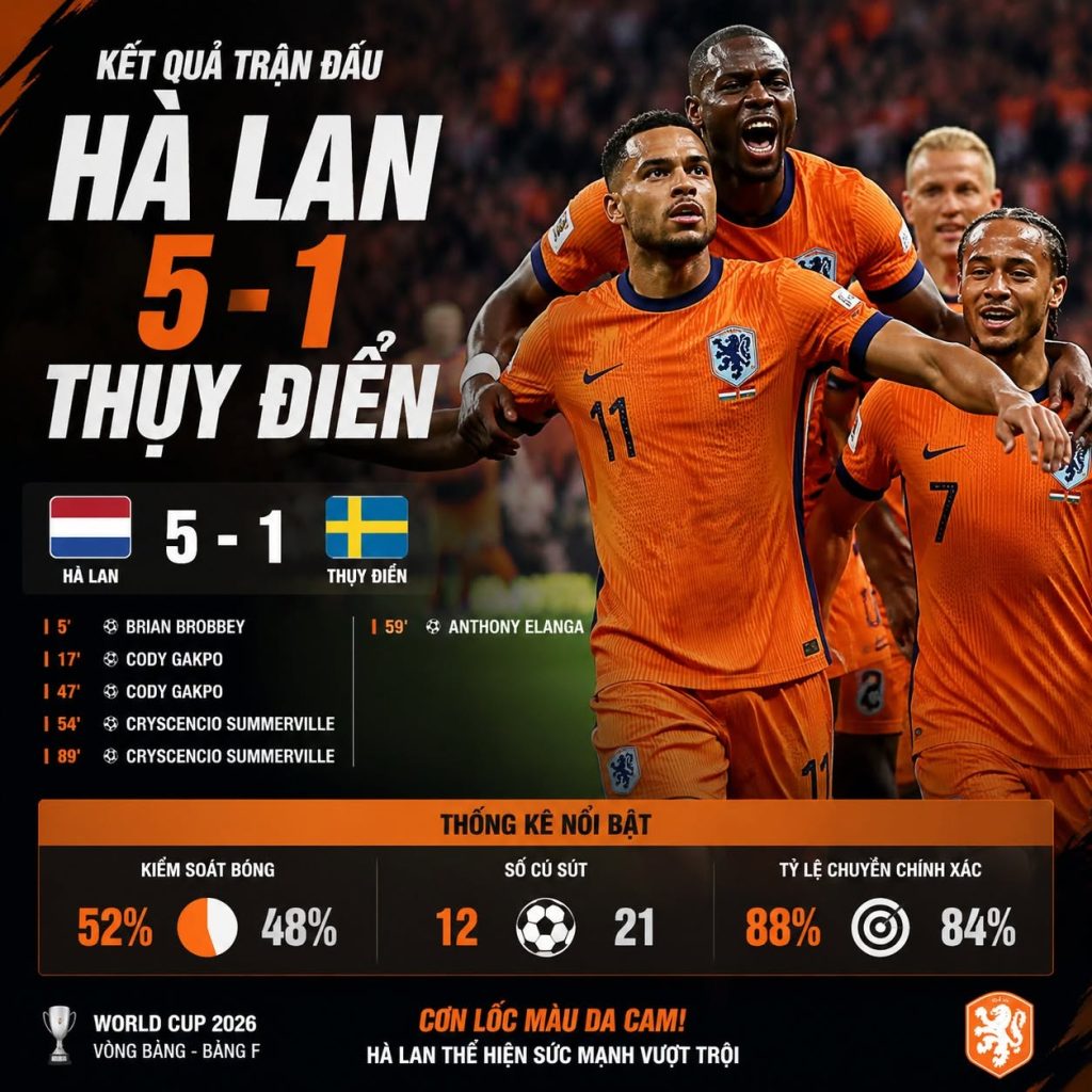 Hà Lan 5–1 Thụy Điển: Cơn lốc màu da cam bùng nổ tại World Cup 2026 1 ha lan 5 1 thuy dien con loc mau da cam bung no tai world cup 2026