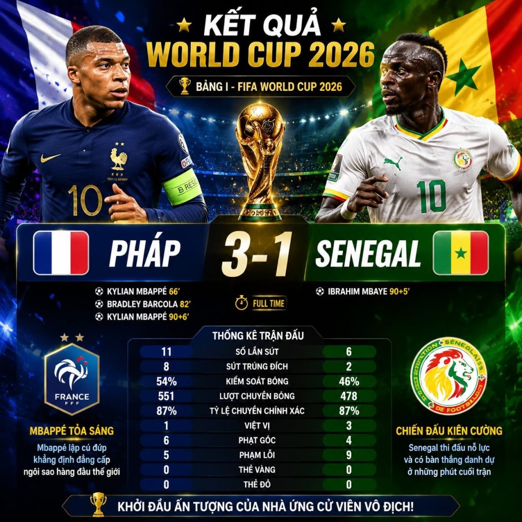 Pháp 3-1 Senegal | Kết quả World Cup 2026 Bảng I 1 phap 3 1 senegal ket qua world cup 2026 bang i