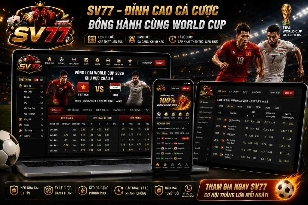 Kèo Nhà Cái Vòng Loại World Cup Hôm Nay – Cập Nhật Tỷ Lệ Kèo Mới Nhất 9 SV77 cung cấp kèo nhà cái vòng loại World Cup, lịch thi đấu và tỷ lệ kèo được cập nhật nhanh chóng mỗi ngày.