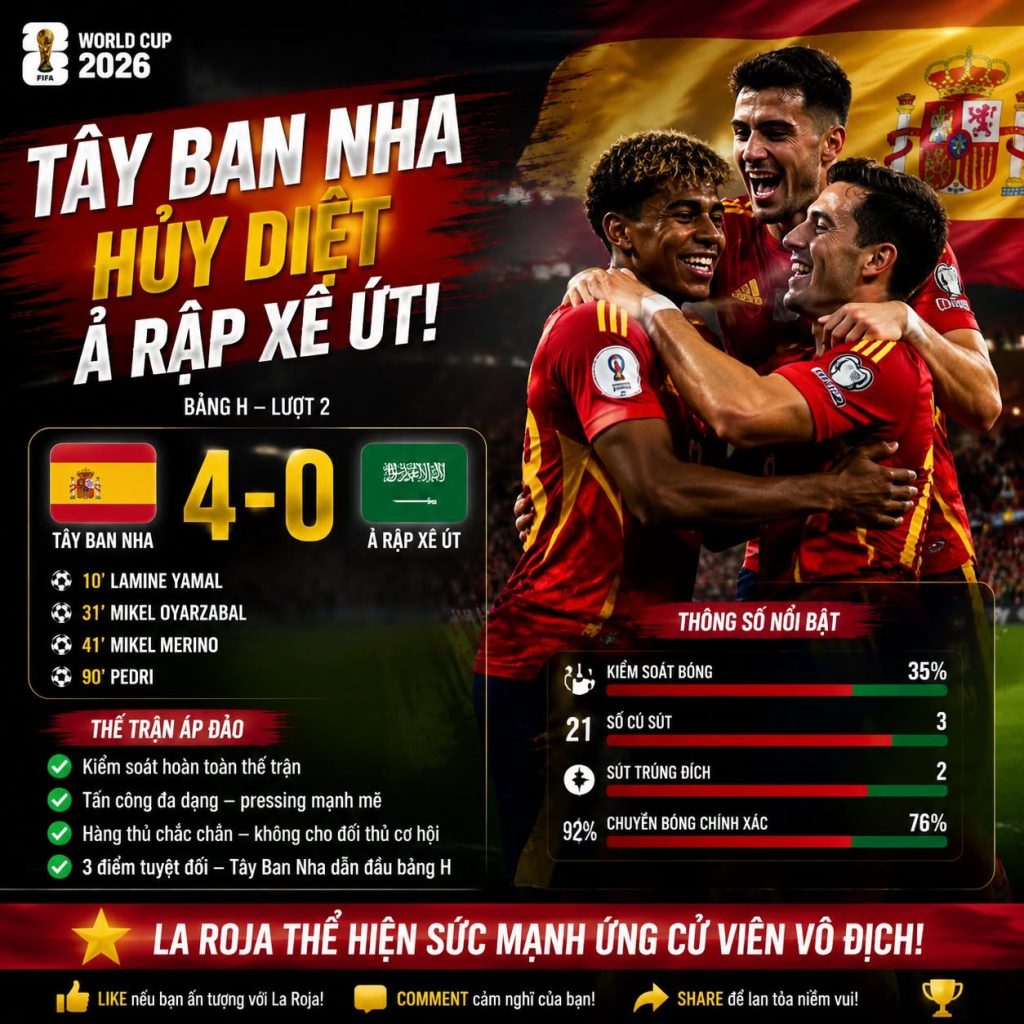 Tây Ban Nha 4-0 Ả Rập Xê Út: Sức mạnh La Roja và lời khẳng định ứng viên vô địch World Cup 2026 1 tay ban nha 4 0 a rap xe ut suc manh la roja va loi khang dinh ung vien vo dich world cup 2026